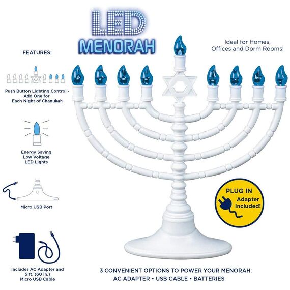 Rite Lite White Plastic Electric LED Low Voltage Menorah with Blue Bulbs