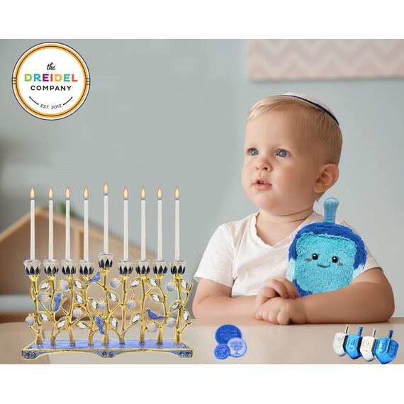 The Dreidel Company Chanukkah-Menorah, Emaille, Granatapfel und Blauer Vogel, handbemalt, emailliertes Metall Menora
