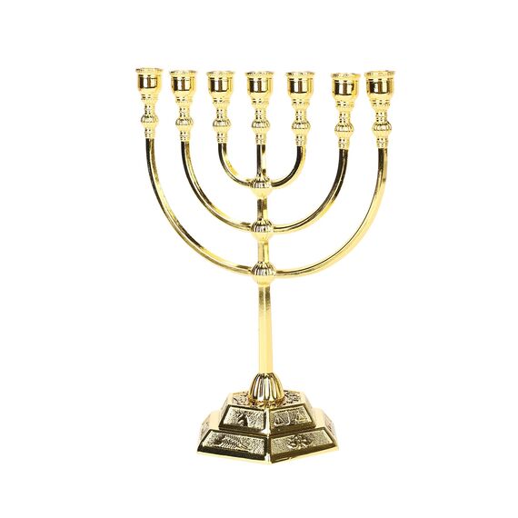 BRTAGG Menorah Kerzenhalter – 17 cm Höhe, 7 Zweige, vergoldet, zeigt 12 Stämme Israels und den Jerusalemer Tempel für jüdische Feiertage und Zeremonien (Modell: 4441)