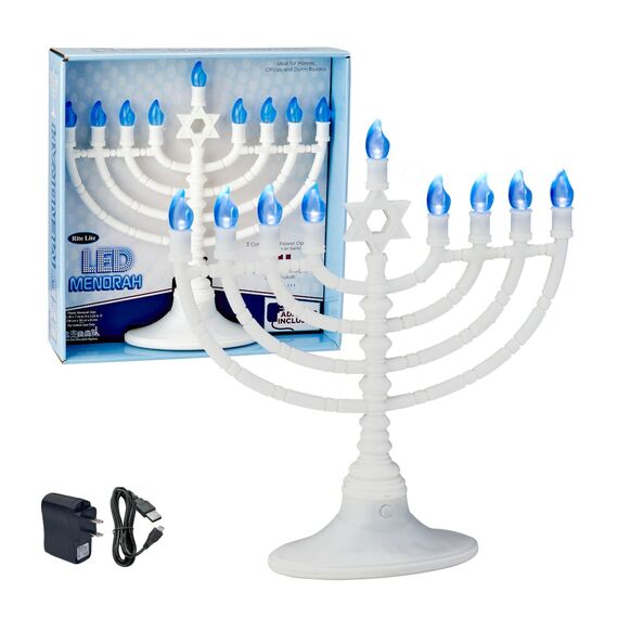 Rite Lite White Plastic Electric LED Low Voltage Menorah with Blue Bulbs