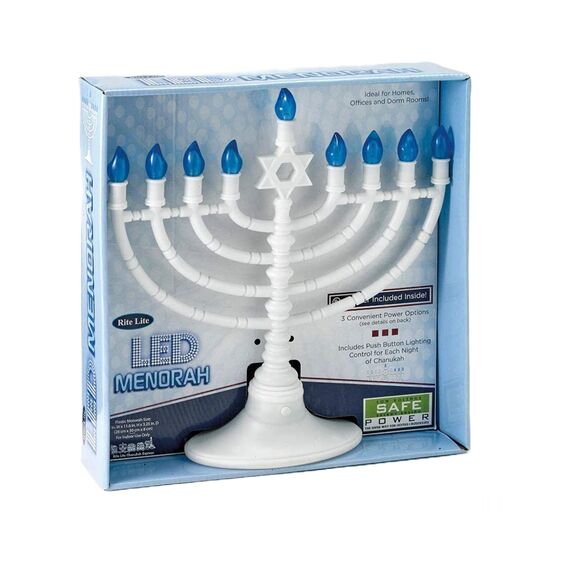 Rite Lite White Plastic Electric LED Low Voltage Menorah with Blue Bulbs