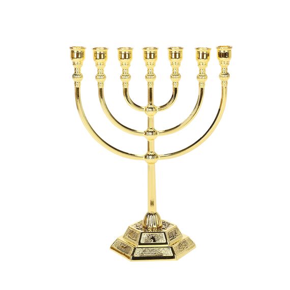 BRTAGG Menorah Kerzenhalter – 17 cm Höhe, 7 Zweige, vergoldet, zeigt 12 Stämme Israels und den Jerusalemer Tempel für jüdische Feiertage und Zeremonien (Modell: 4441)