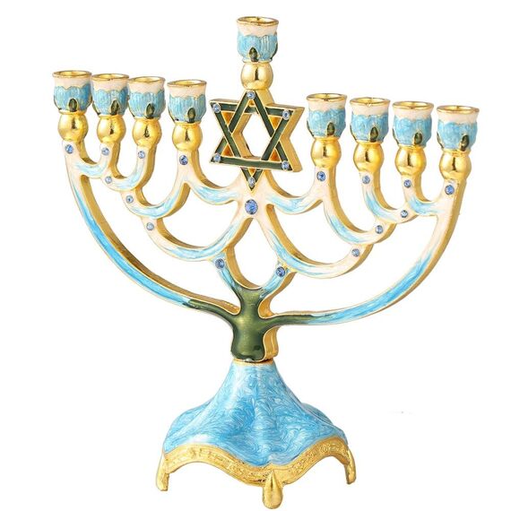 Matashi MTMNR3266 Menora-Kandelaber, handbemalt, Emaille, verziert mit goldenen Akzenten und Kristallen (blauer Davidstern)