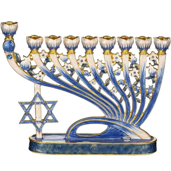 Matashi Menorah-Kandelaber, handbemalt, Emaille, verziert mit goldenen Akzenten und Kristallen, modernes Design