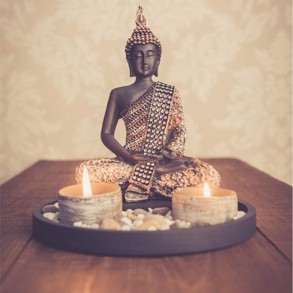Buddha Sitzend mit Teelicht 22cm Deko-Statue für Wohnzimmer oder Bad Zen-Garten Deko-Figur Teelichthalter orientalisch (Nr. 1)