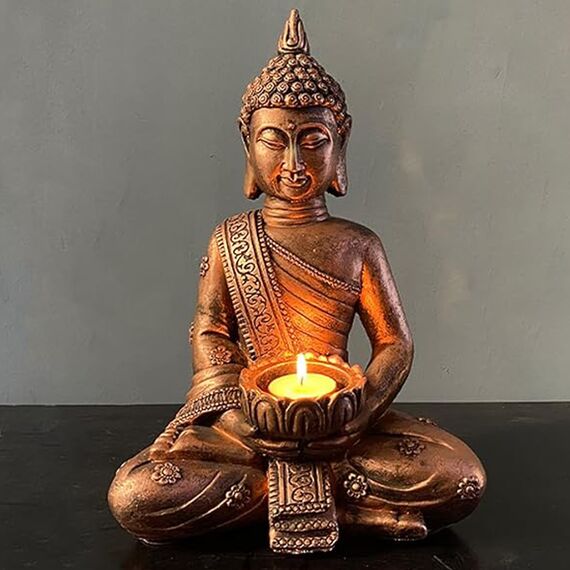 FGXY Buddha-Figur Buddha-Figur Meditierender Thai Buddha Statue sitzend mit Kerzenhalter Buddha-Statue aus Polyresin für Innen und Außen Kupfer