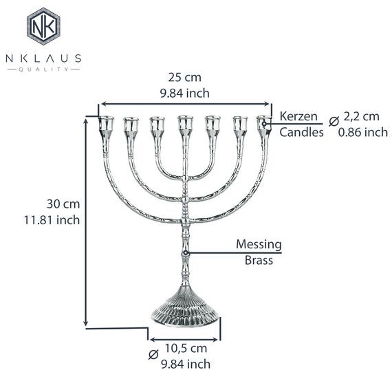 NKlaus Menorah 30cm hoch 7er Leuchter für Kerzen bis Ø 2cm Kerzenleuchter groß Silber Kerzenständer Messing vernickelt 2884