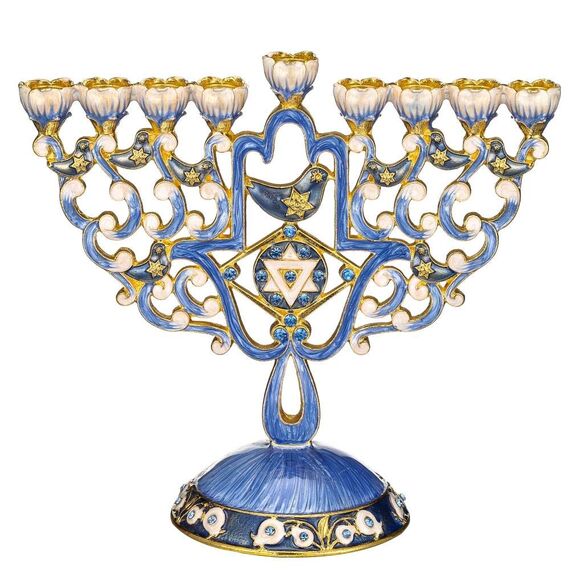 Matashi Handbemalter Menora-Kandelaber aus Emaille, verziert mit goldenen Akzenten und Kristallen (Hamsa- und Tauben-Design)