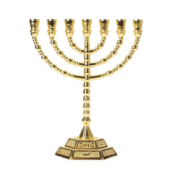 Gold 12 Stämme Symbole Symbol Kerzenhalter Dekor Judaica 7 Zweig Israel Menorah 20 * 16 cm