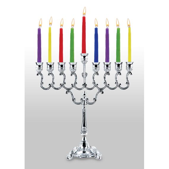 Menorah Hanukkah Set - Chanukka Menora, Kerzen, Dreidels, Spielmünzen und Anweisungen für Chanukka-Feiertage - Versilbert