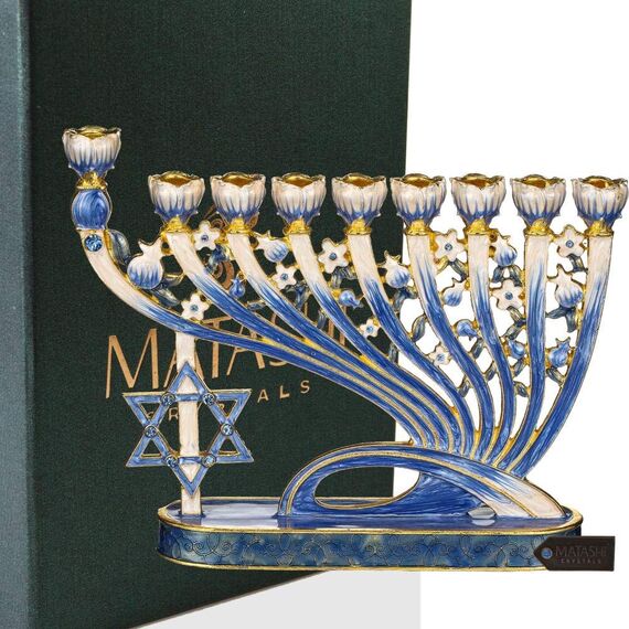 Matashi Menorah-Kandelaber, handbemalt, Emaille, verziert mit goldenen Akzenten und Kristallen, modernes Design