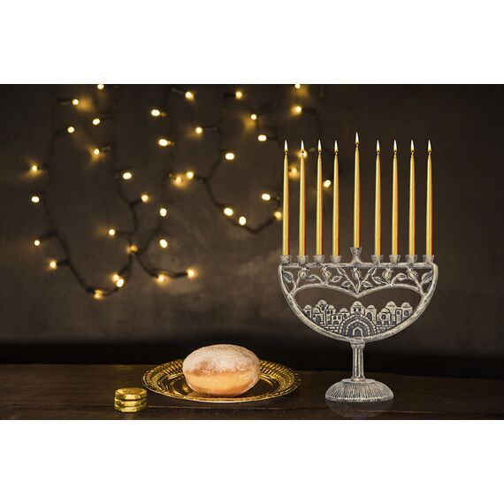 Ner Mitzvah Vintage-Aluminium-Kerze Menorah Passend für all Chanukka Kerzen Alten Jerusalem Design mit antiker Finish Gold