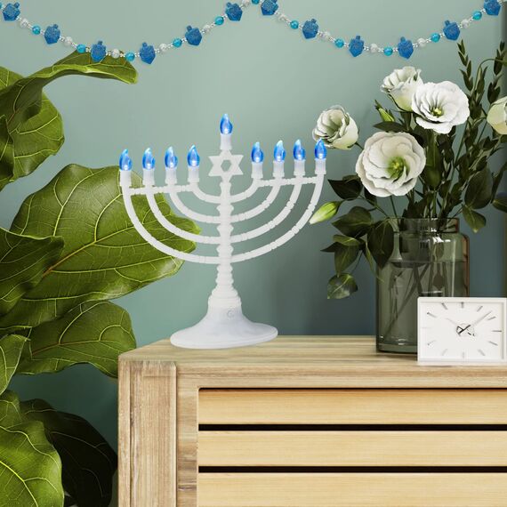 Rite Lite White Plastic Electric LED Low Voltage Menorah with Blue Bulbs