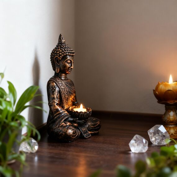 FGXY Buddha-Figur Buddha-Figur Meditierender Thai Buddha Statue sitzend mit Kerzenhalter Buddha-Statue aus Polyresin für Innen und Außen Kupfer