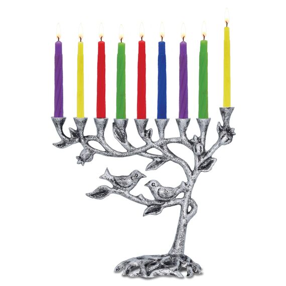 Ner Mitzvah Baum des Lebens Menorah - Antikes Silber, Metall, Chanukka, 20cm hoch, 6cm breit, 8cm tief, 1.96kg, 44 Kerzen, 5 Dreidels, Spielmünzen, Anleitung