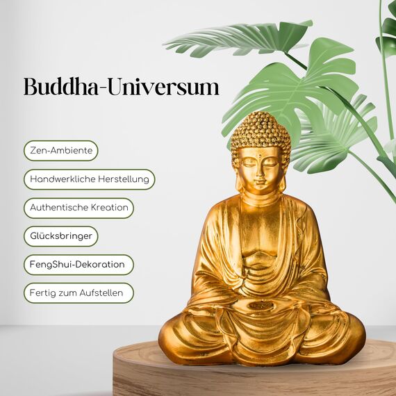 Buddha-Statue Meditation Gold – Dekoration Zen und Feng Shui – bringt beruhigende und entspannende Atmosphäre in Ihr Zuhause – Glücksstatue, Gold, 20 cm – ZenLight