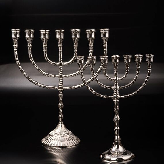 NKlaus Menorah 30cm hoch 7er Leuchter für Kerzen bis Ø 2cm Kerzenleuchter groß Silber Kerzenständer Messing vernickelt 2884