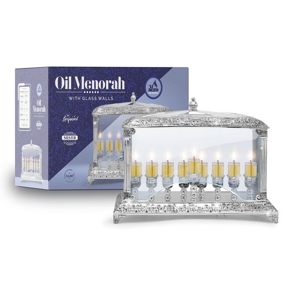 Ner Mitzvah Nickel Öl-Wand-Menorah mit Glaswänden für Standard Chanukah Öl Cups und große Kerzen Alte Jerusalem-Entwurfs-Silber