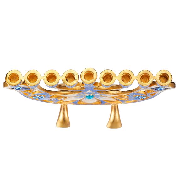 Matashi Handbemalter Menora-Kandelaber mit blauen und elfenbeinfarbenen Blumen, verziert mit goldenen Akzenten und Kristallen, jüdischer Kerzenhalter, Chanukka, Geschenk für Einweihungsfeier