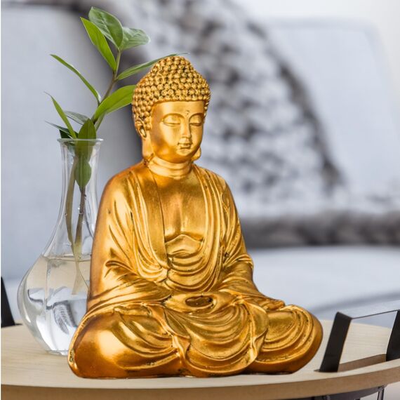 Buddha-Statue Meditation Gold – Dekoration Zen und Feng Shui – bringt beruhigende und entspannende Atmosphäre in Ihr Zuhause – Glücksstatue, Gold, 20 cm – ZenLight