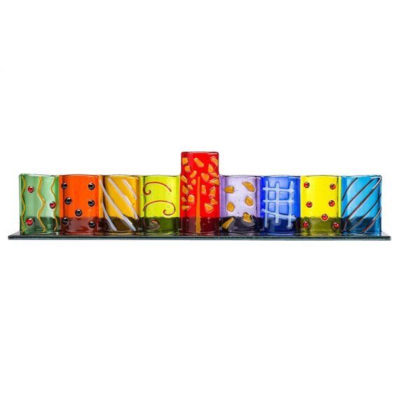 Chanukka Menora aus Glas - Teelichtkerze Menorah Hanukkah - XL-Größe für Teelichtkerzen - Handgefertigte Chanukka Leuchter aus Bunt Bemaltem Glas