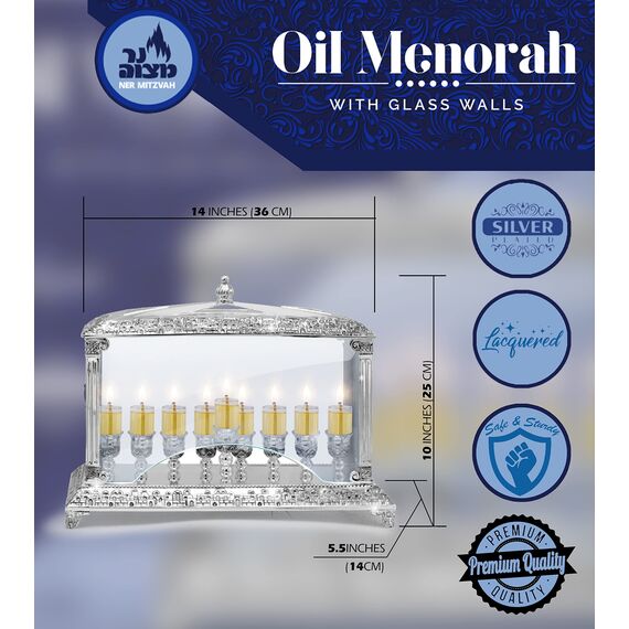 Ner Mitzvah Nickel Öl-Wand-Menorah mit Glaswänden für Standard Chanukah Öl Cups und große Kerzen Alte Jerusalem-Entwurfs-Silber