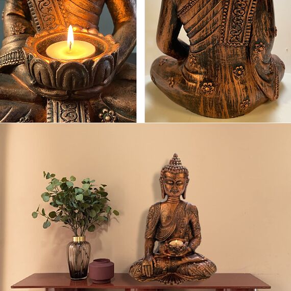 FGXY Buddha-Figur Buddha-Figur Meditierender Thai Buddha Statue sitzend mit Kerzenhalter Buddha-Statue aus Polyresin für Innen und Außen Kupfer