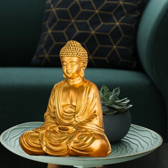 Buddha-Statue Meditation Gold – Dekoration Zen und Feng Shui – bringt beruhigende und entspannende Atmosphäre in Ihr Zuhause – Glücksstatue, Gold, 20 cm – ZenLight