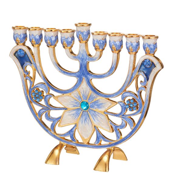 Matashi Handbemalter Menora-Kandelaber mit blauen und elfenbeinfarbenen Blumen, verziert mit goldenen Akzenten und Kristallen, jüdischer Kerzenhalter, Chanukka, Geschenk für Einweihungsfeier