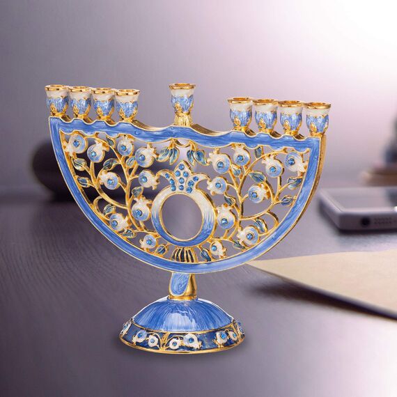 Matashi MTMNR13542 Menorah, handbemalt, Emaille, Blauer Granatapfel