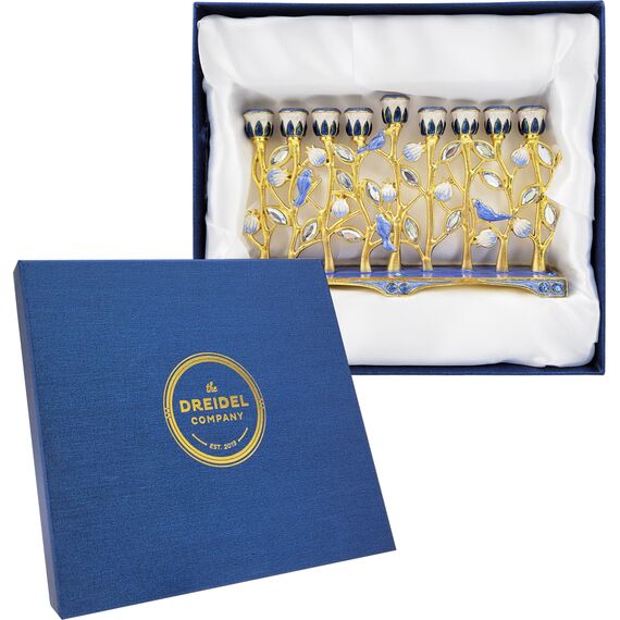 The Dreidel Company Chanukkah-Menorah, Emaille, Granatapfel und Blauer Vogel, handbemalt, emailliertes Metall Menora