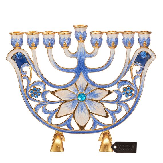 Matashi Handbemalter Menora-Kandelaber mit blauen und elfenbeinfarbenen Blumen, verziert mit goldenen Akzenten und Kristallen, jüdischer Kerzenhalter, Chanukka, Geschenk für Einweihungsfeier