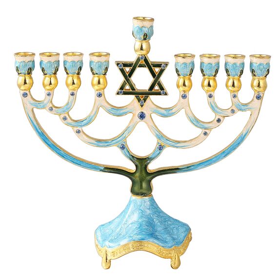 Matashi MTMNR3266 Menora-Kandelaber, handbemalt, Emaille, verziert mit goldenen Akzenten und Kristallen (blauer Davidstern)