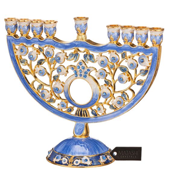 Matashi MTMNR13542 Menorah, handbemalt, Emaille, Blauer Granatapfel