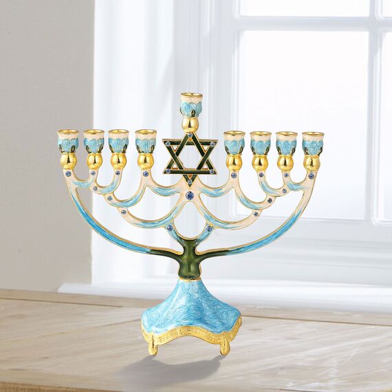 Matashi MTMNR3266 Menora-Kandelaber, handbemalt, Emaille, verziert mit goldenen Akzenten und Kristallen (blauer Davidstern)
