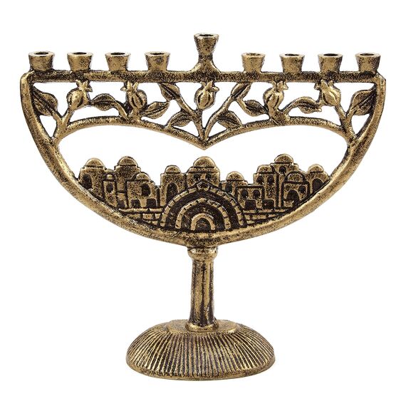 Ner Mitzvah Vintage-Aluminium-Kerze Menorah Passend für all Chanukka Kerzen Alten Jerusalem Design mit antiker Finish Gold