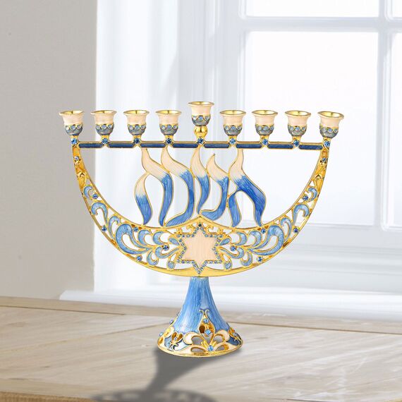 Matashi Handbemalter Emaille-Kerzenleuchter mit Davidstern und Chanukka-Design und verziert mit goldenen Akzenten und Kristallen, jüdischer Kerzenhalter, Heiliges Land, Geschenk für Wohnzimmer