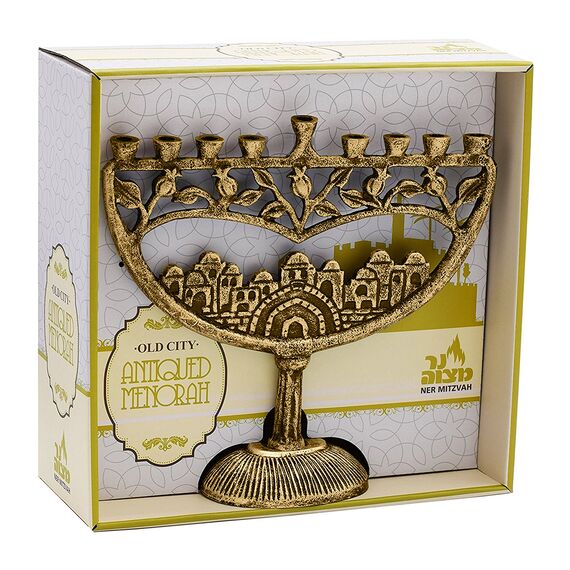 Ner Mitzvah Vintage-Aluminium-Kerze Menorah Passend für all Chanukka Kerzen Alten Jerusalem Design mit antiker Finish Gold