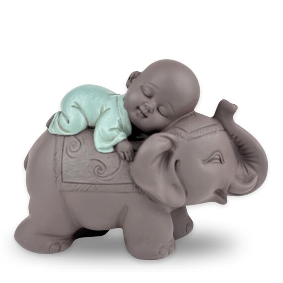 Zen'Light Statue Buddha Bonze Schlafend auf Elefant - Zen-Atmosphäre in Ihrem heiligen Raum - wunderschöne glücksbringende Figur -H 9.5 cm, Braun & Grün