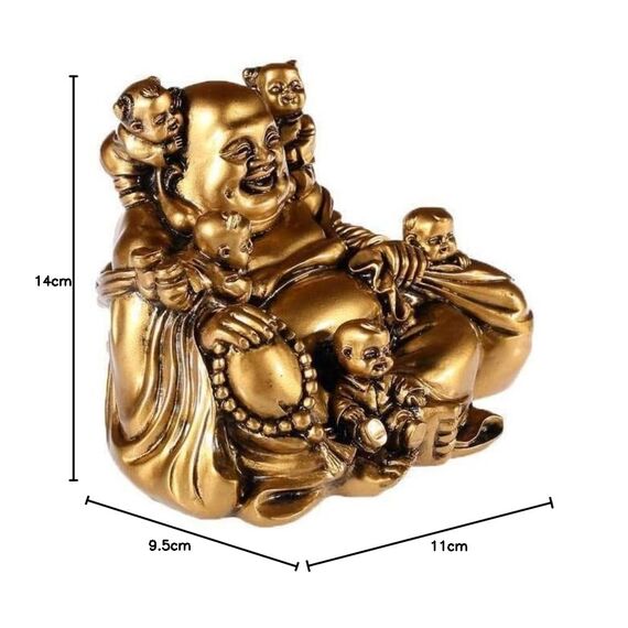 lachineuse - Lachende Buddha-Statue mit 5 Kindern - 14 cm, goldfarben - Feng Shui-Dekoration - Chinesisches Zen-Dekorationsobjekt für Innenbereich, Wohnzimmer - Geschenkidee China Asien Viel Glück