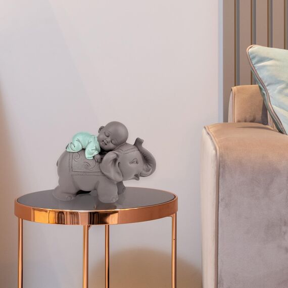 Zen'Light Statue Buddha Bonze Schlafend auf Elefant - Zen-Atmosphäre in Ihrem heiligen Raum - wunderschöne glücksbringende Figur -H 9.5 cm, Braun & Grün