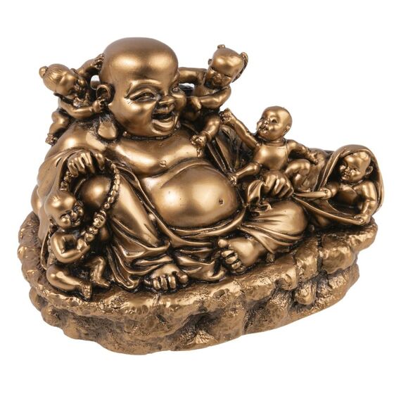 lachineuse - Lachende Buddha-Statue mit Kindern - 15 cm, goldfarben - Feng Shui-Dekoration - chinesisches Zen - Dekorationsobjekt für Innenbereich, Wohnzimmer - Geschenkidee China Asien Viel Glück