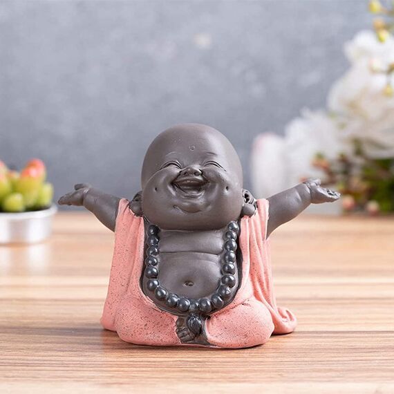 JUJOYBD Kleiner Lachender Buddha, Niedliche Mönch Statue, Süßer grinsender Buddha aus Keramik, Ornament Figur, Geschenk Dekoration für Schreibtisch Wohnzimmer 7,8 cm hoch, Orange