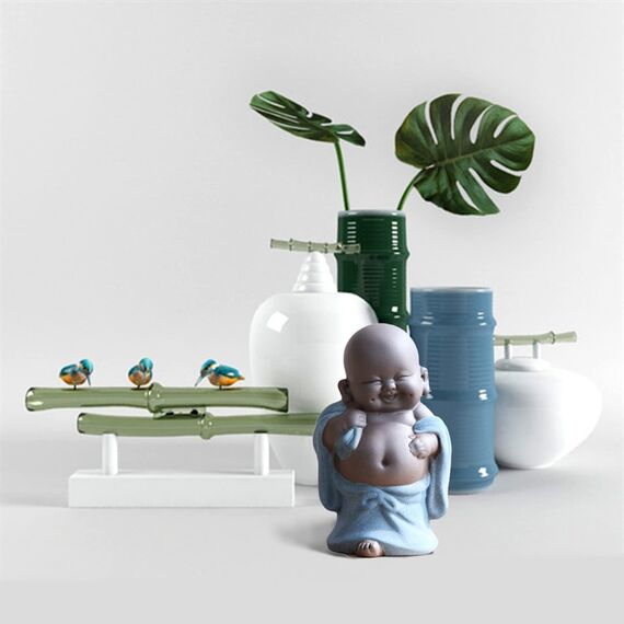 Qikuver Lachender Maitreya Buddha, Keramik-Buddha-Statue, Tee-Skulptur, Kleiner Mönch, Dekoration, Tee-Set für Zuhause, Büro, Auto, Geschenk, Kunsthandwerk und Kunst (Blau)