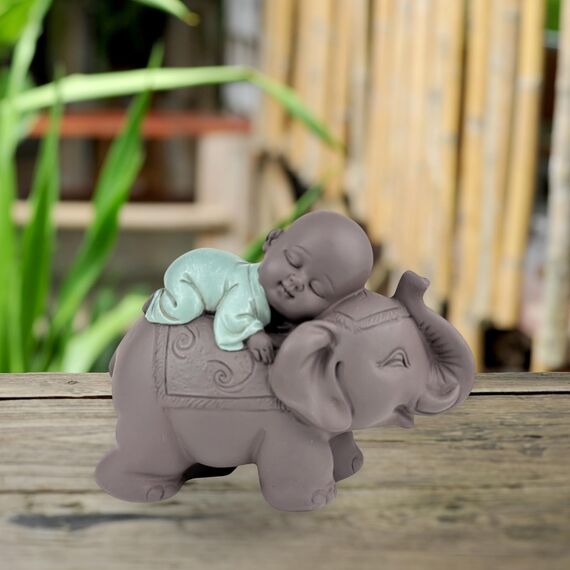Zen'Light Statue Buddha Bonze Schlafend auf Elefant - Zen-Atmosphäre in Ihrem heiligen Raum - wunderschöne glücksbringende Figur -H 9.5 cm, Braun & Grün