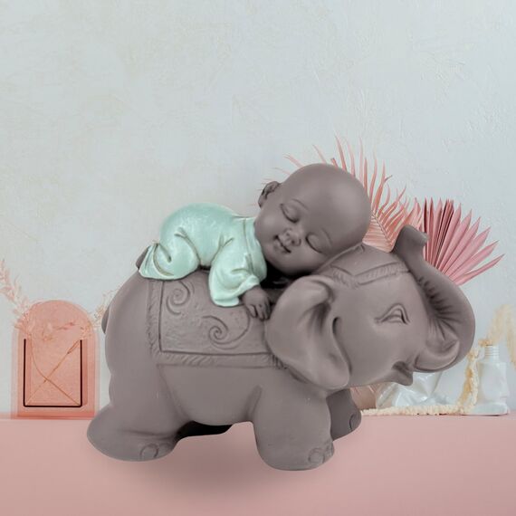 Zen'Light Statue Buddha Bonze Schlafend auf Elefant - Zen-Atmosphäre in Ihrem heiligen Raum - wunderschöne glücksbringende Figur -H 9.5 cm, Braun & Grün