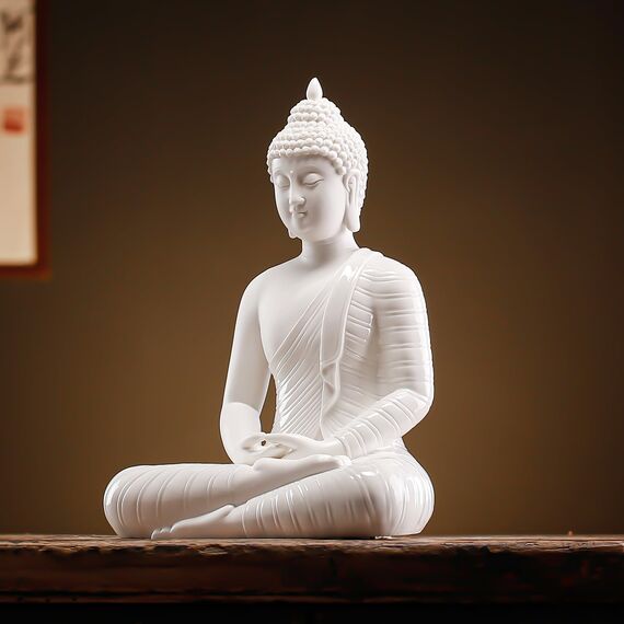 Qinlang 30,5 cm weiße Buddha-Statue für Heimdekoration, Keramik-Meditations-Buddha-Dekoration für Zuhause