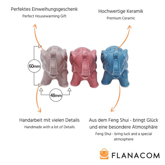 Flanacom Mini Deko-Figuren 3-er Set aus Keramik - Hochwertige kleine Skulpturen für Innen & Außen, Balkon & Garten - Moderne Dekoration Wohnung - ideal als Einweihungs-Geschenk (Elefanten)