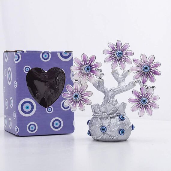 YU FENG Türkischer Blauer böser Blick rosa Blumen Glücksbaum mit Glückstüte Vase Schutz Glücksbringer Geschenk