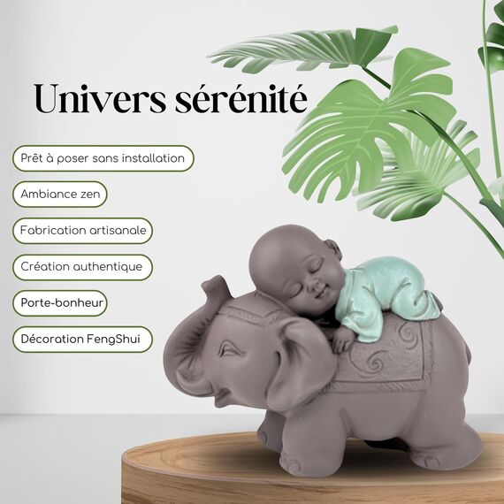 Zen'Light Statue Buddha Bonze Schlafend auf Elefant - Zen-Atmosphäre in Ihrem heiligen Raum - wunderschöne glücksbringende Figur -H 9.5 cm, Braun & Grün